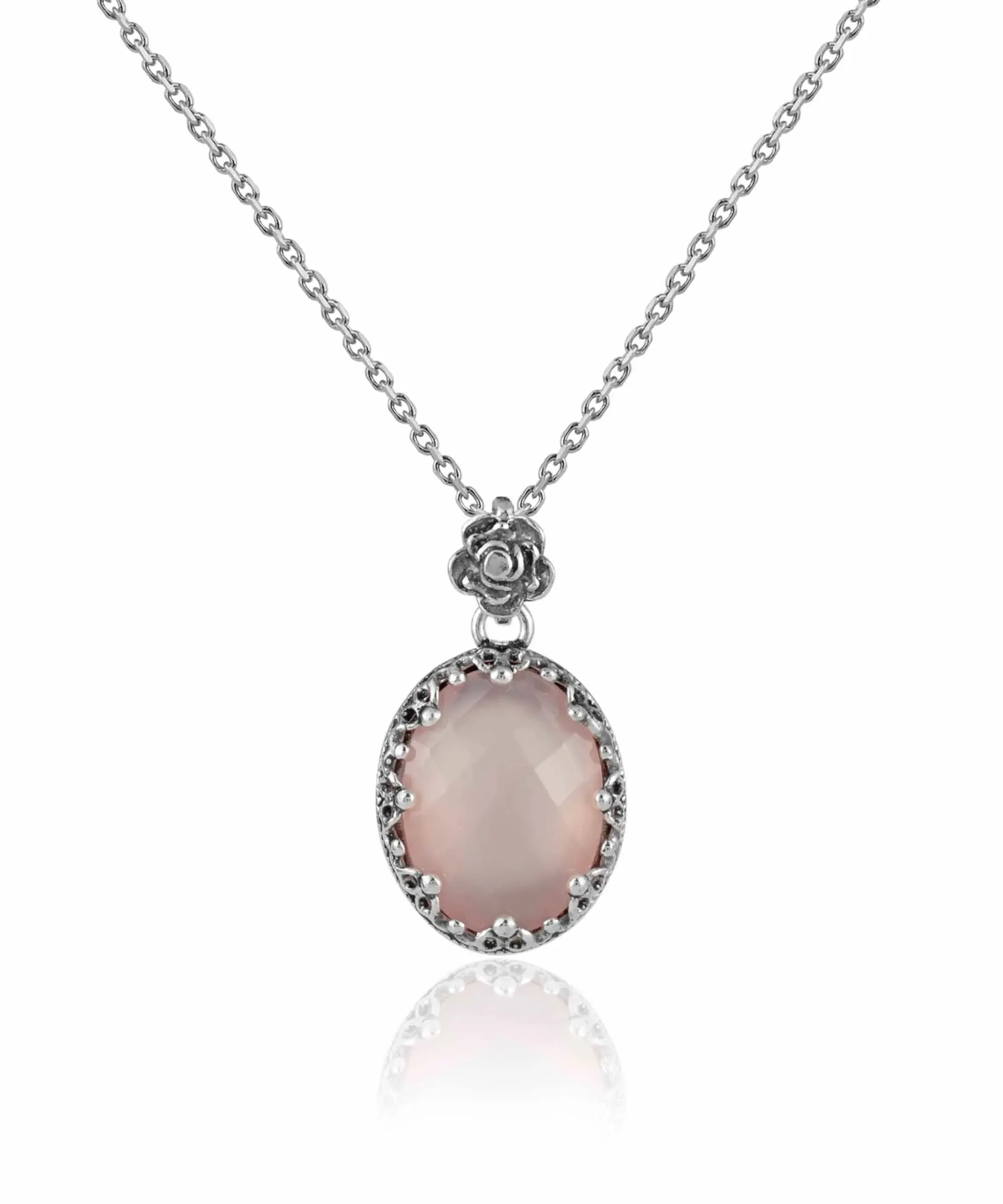 Filigree Silver Pink Chalcedony Gemstone Woman Oval Pendant Necklace