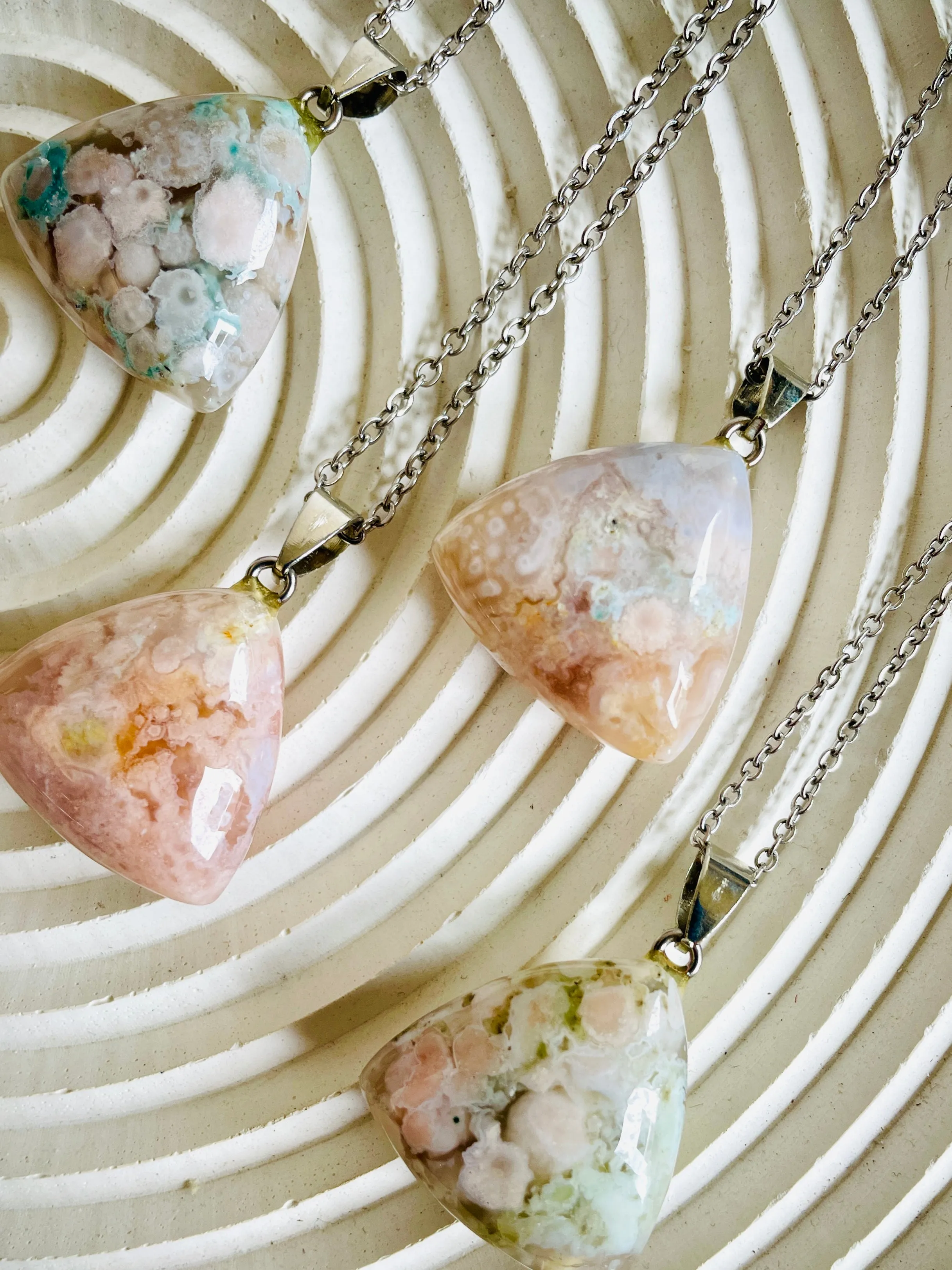 Flower Agate Pendant on Silverplate Chain