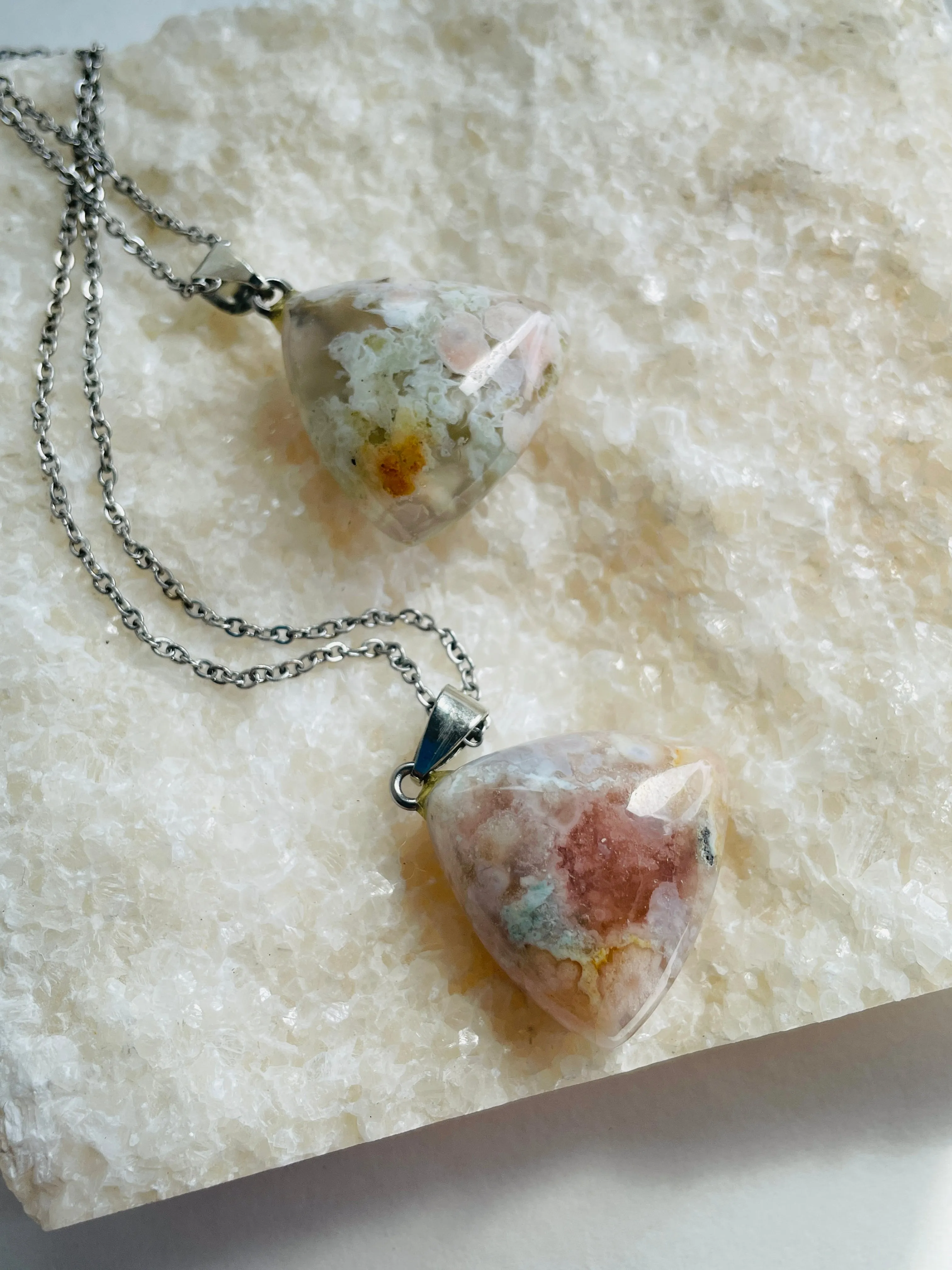 Flower Agate Pendant on Silverplate Chain
