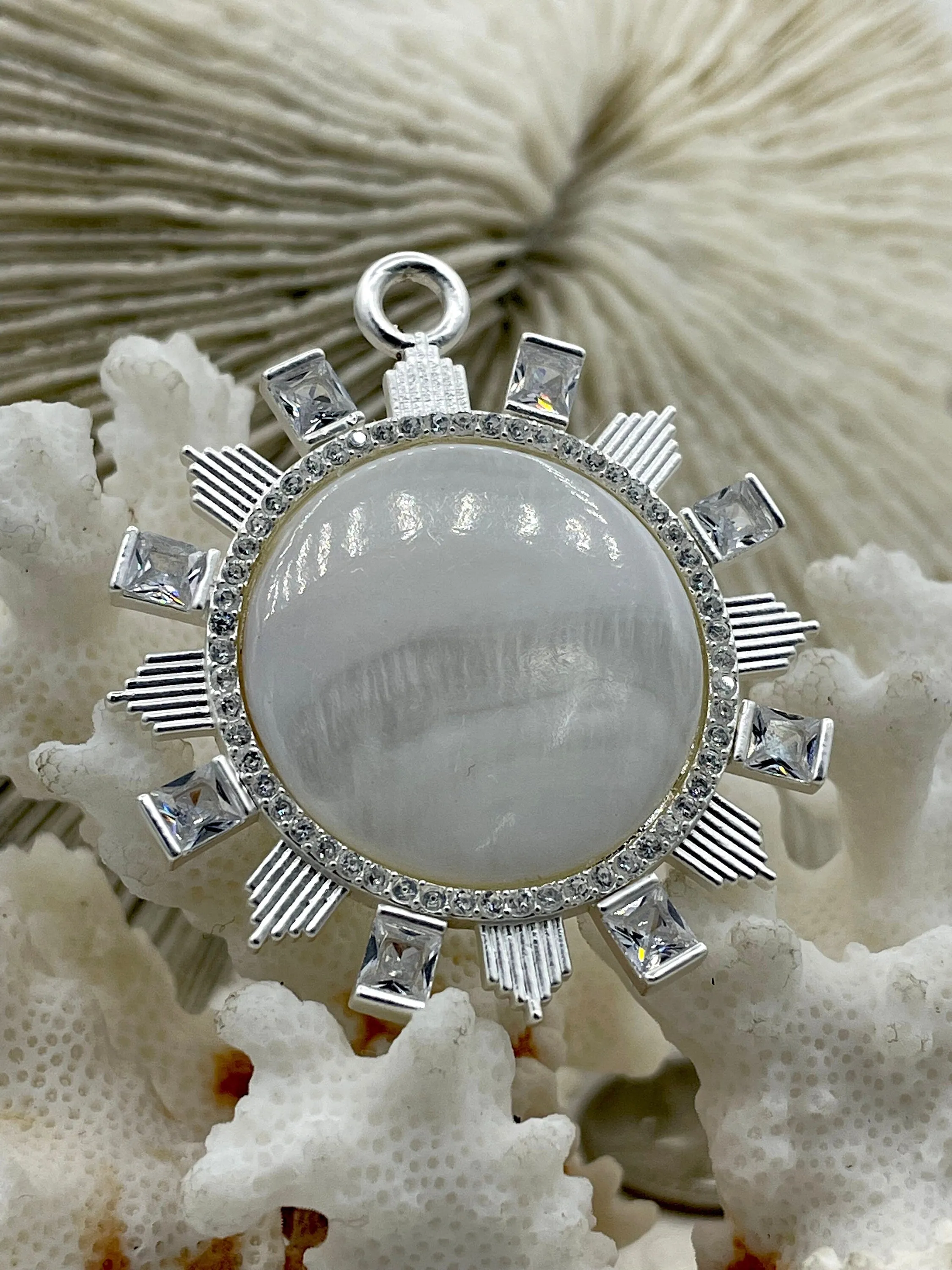 Genuine Mother of Pearl Cabochon Pendants with Matte Silver Plated Brass Bezel and Colorful Cubic Zirconia Accents ,5 CZ colors, Fast Ship