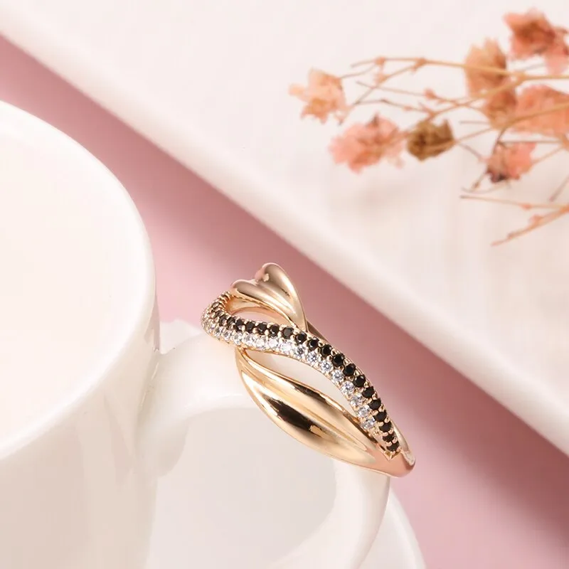 Geometric Twist Double Black White Zircon Women Rings