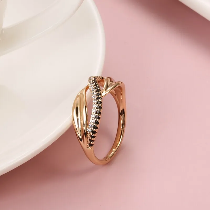 Geometric Twist Double Black White Zircon Women Rings
