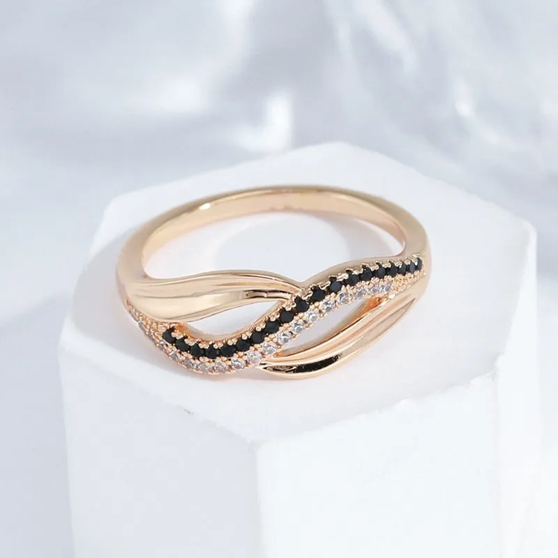 Geometric Twist Double Black White Zircon Women Rings