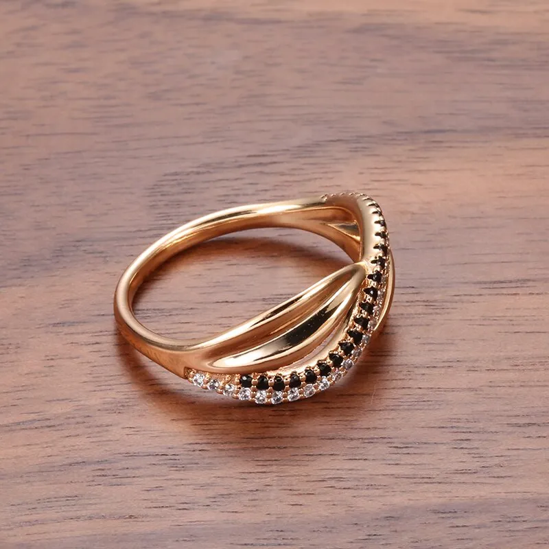 Geometric Twist Double Black White Zircon Women Rings