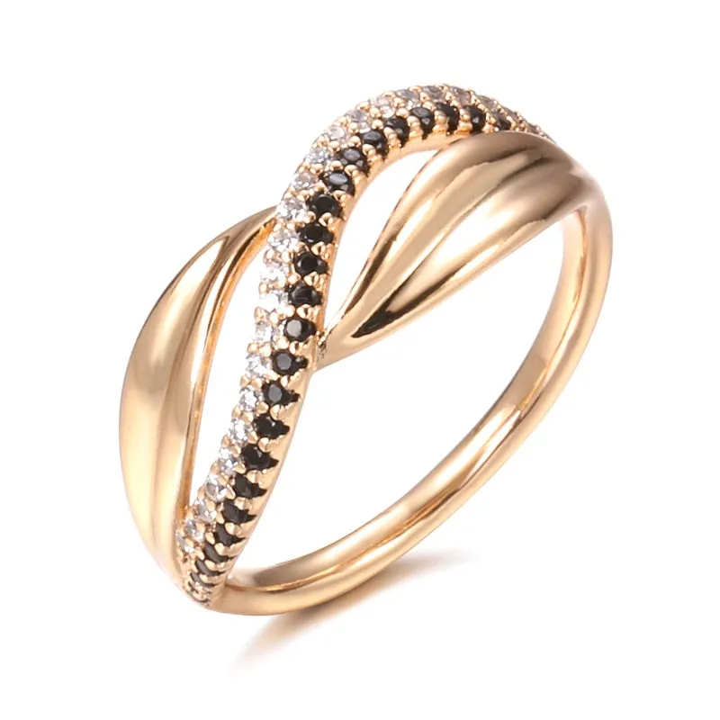 Geometric Twist Double Black White Zircon Women Rings