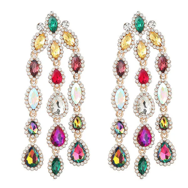 Glass Drill Tassel Rhinestone Trim Striking Earrings
