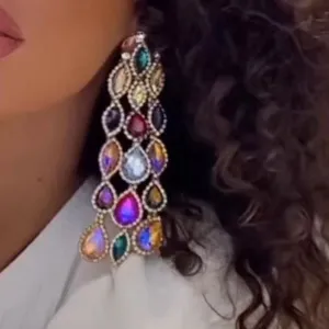 Glass Drill Tassel Rhinestone Trim Striking Earrings