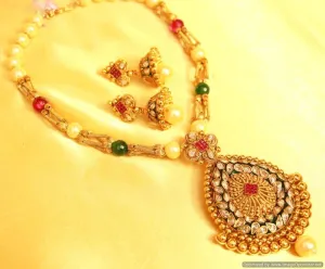 GOLD PLATED POLKI STUDDED MULTICOLOUR PENDANT SET