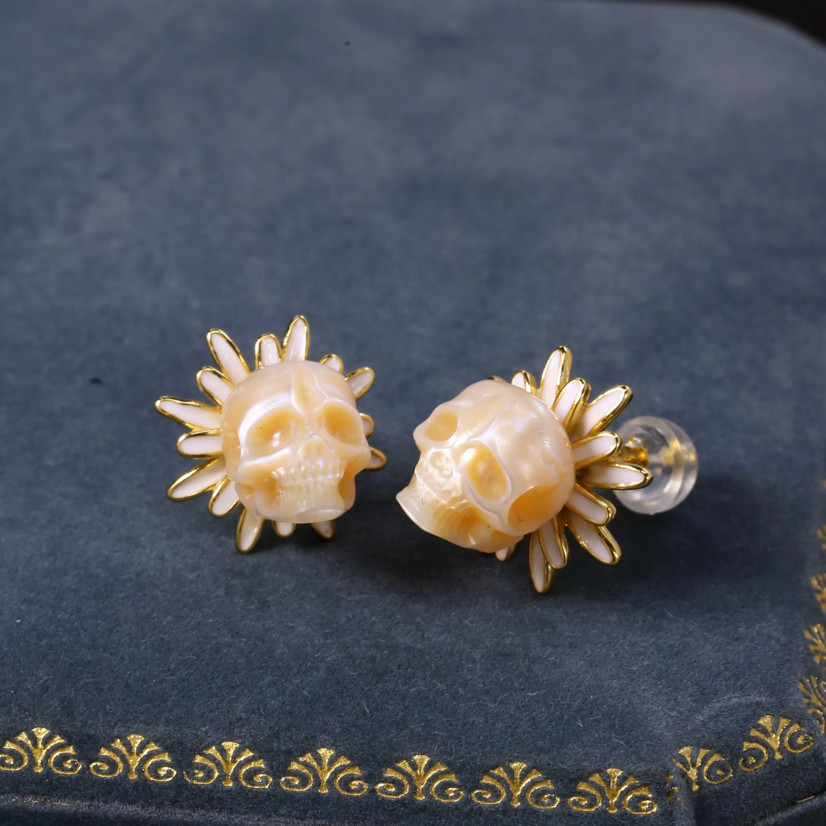 Golden Daisy Floral Pearl Skull Stud Earrings