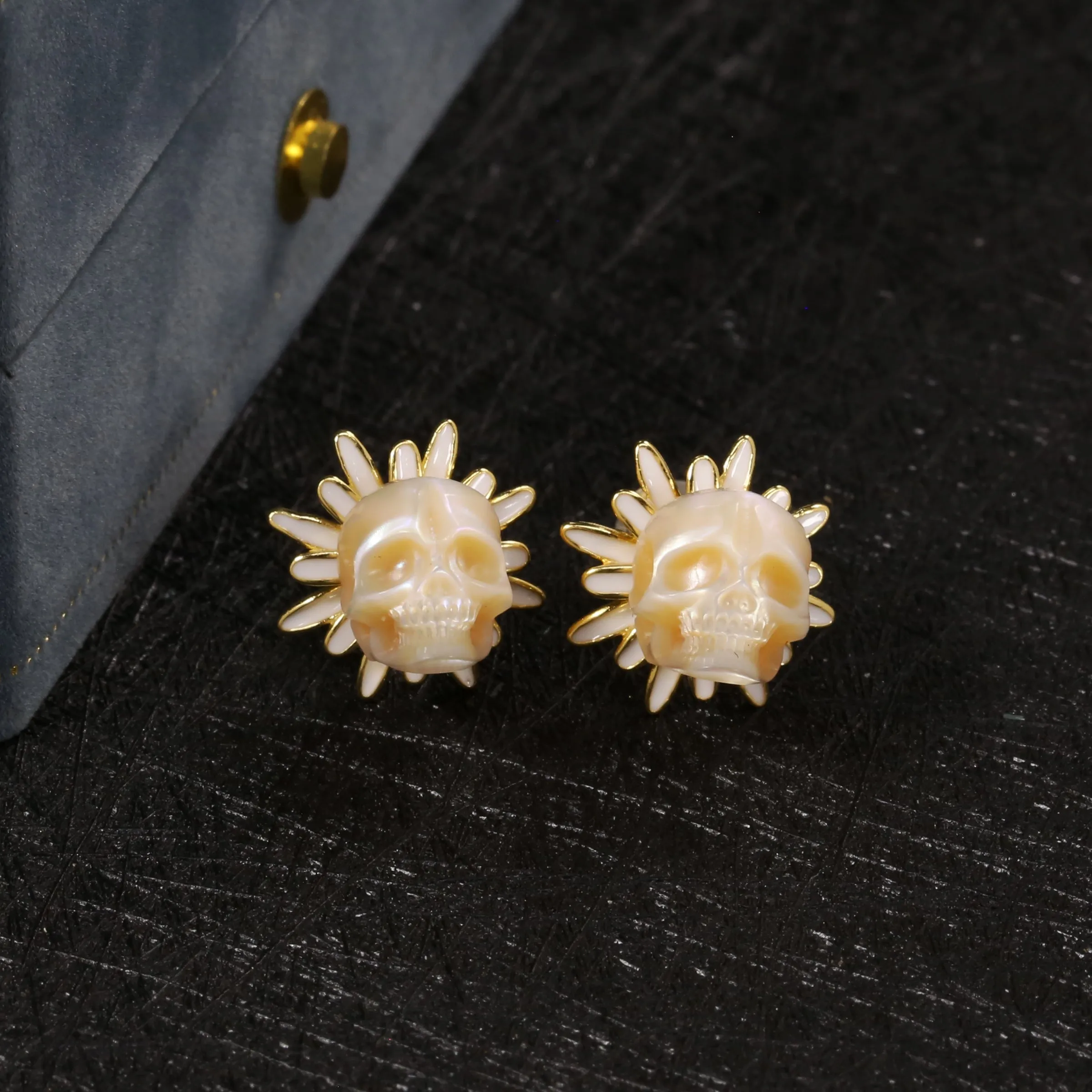 Golden Daisy Floral Pearl Skull Stud Earrings