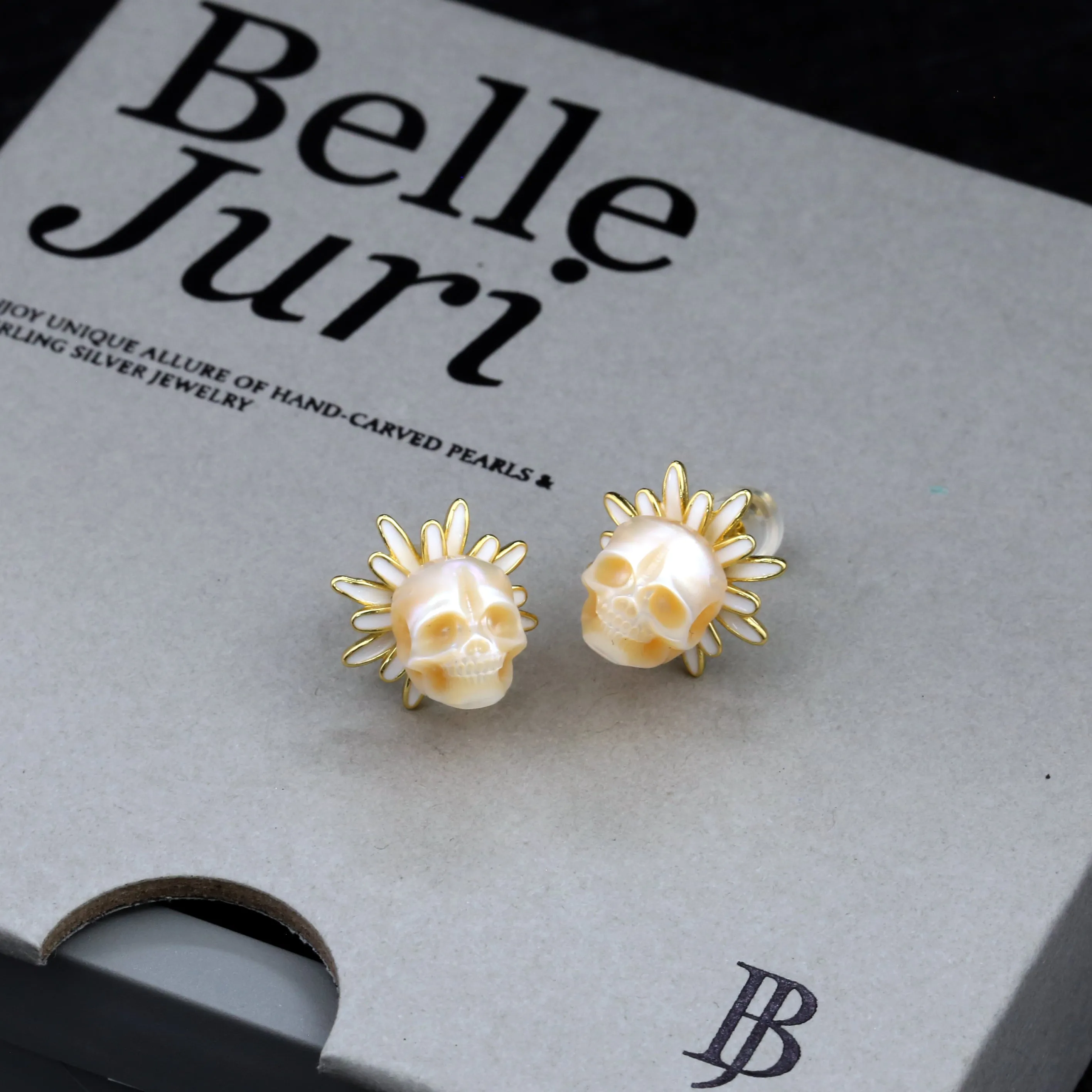 Golden Daisy Floral Pearl Skull Stud Earrings