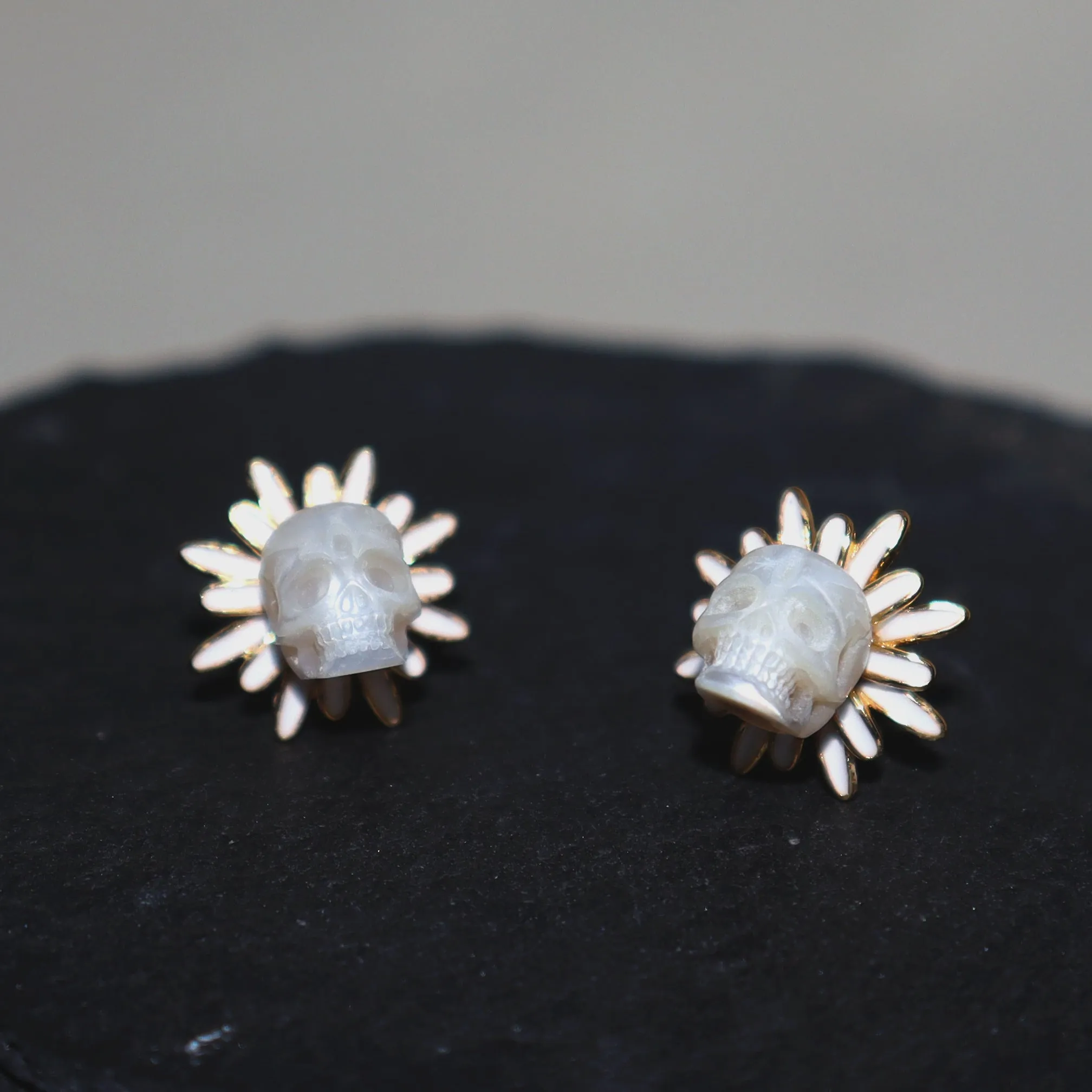 Golden Daisy Floral Pearl Skull Stud Earrings