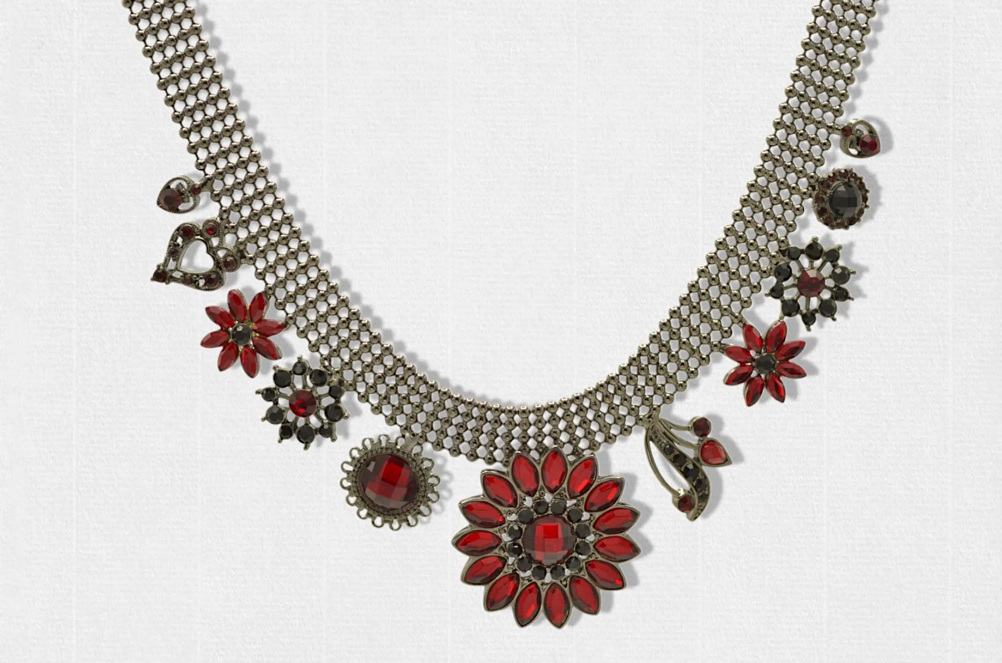 Hematite-Tone Necklace with Red Crystal Flower Charms#255RD1401 (1C11/1A5)