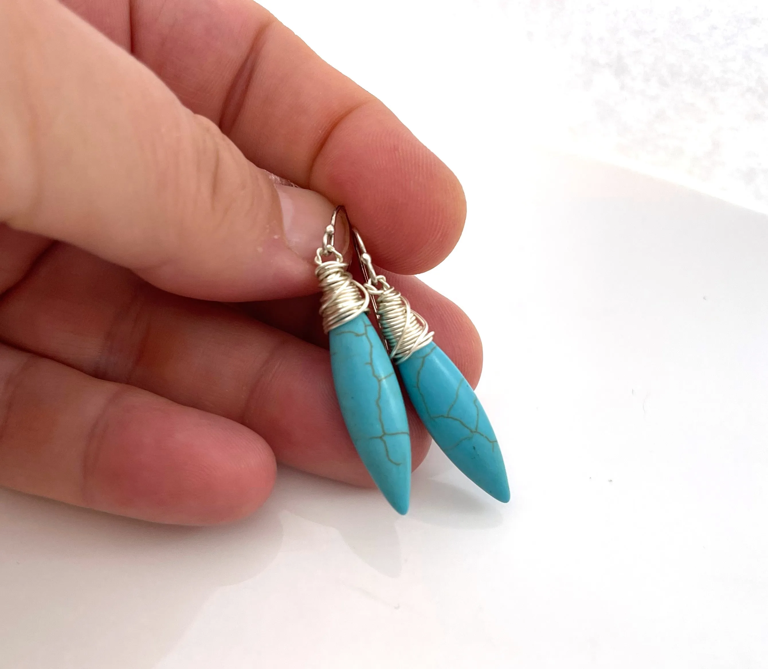 Howlite Turquoise Spike Wire Wrapped Earrings
