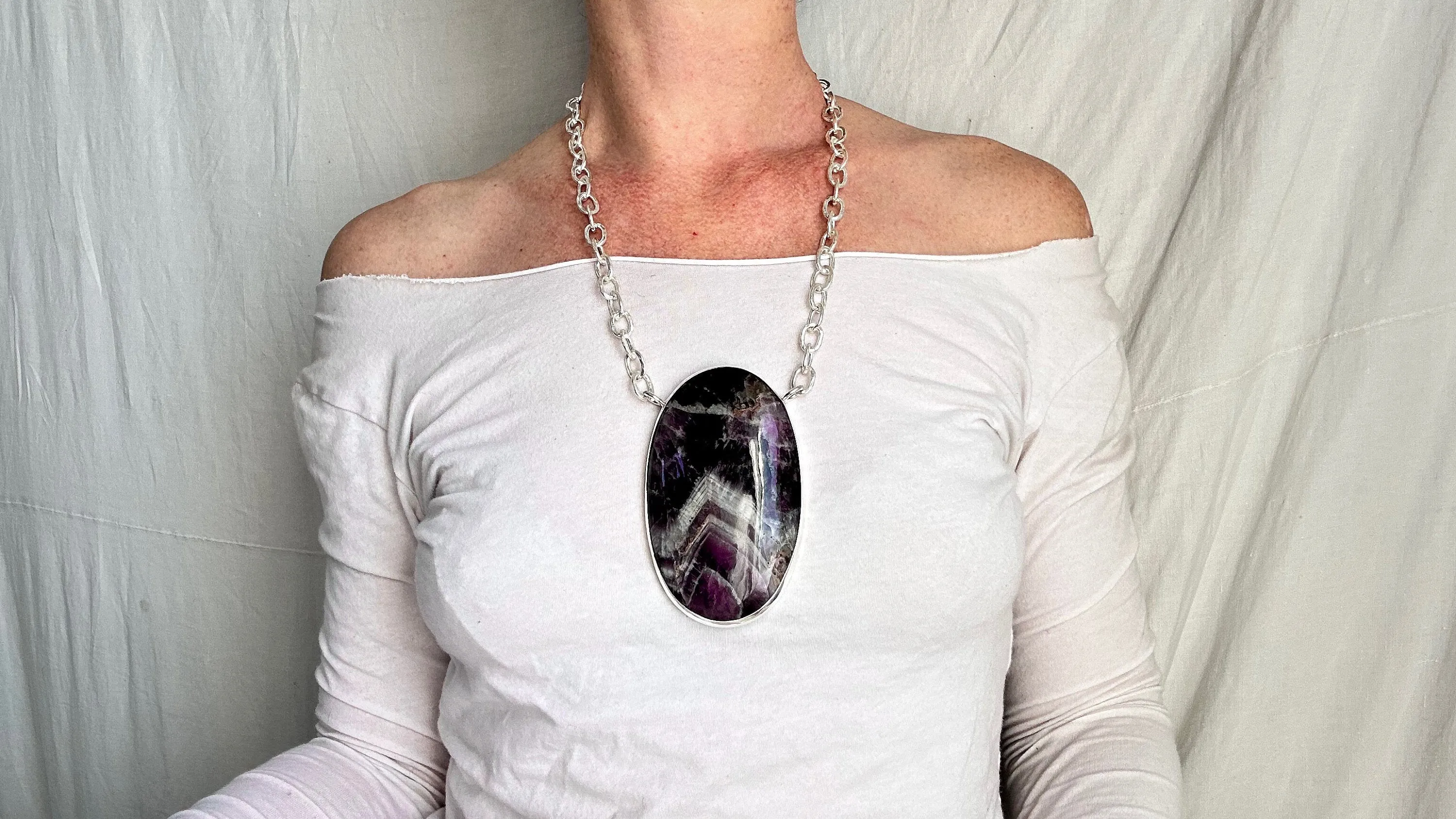 Huge Amethyst Pendant Necklace. Chunky Silver Chain. Sterling Silver. 1343