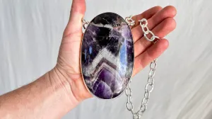 Huge Amethyst Pendant Necklace. Chunky Silver Chain. Sterling Silver. 1343