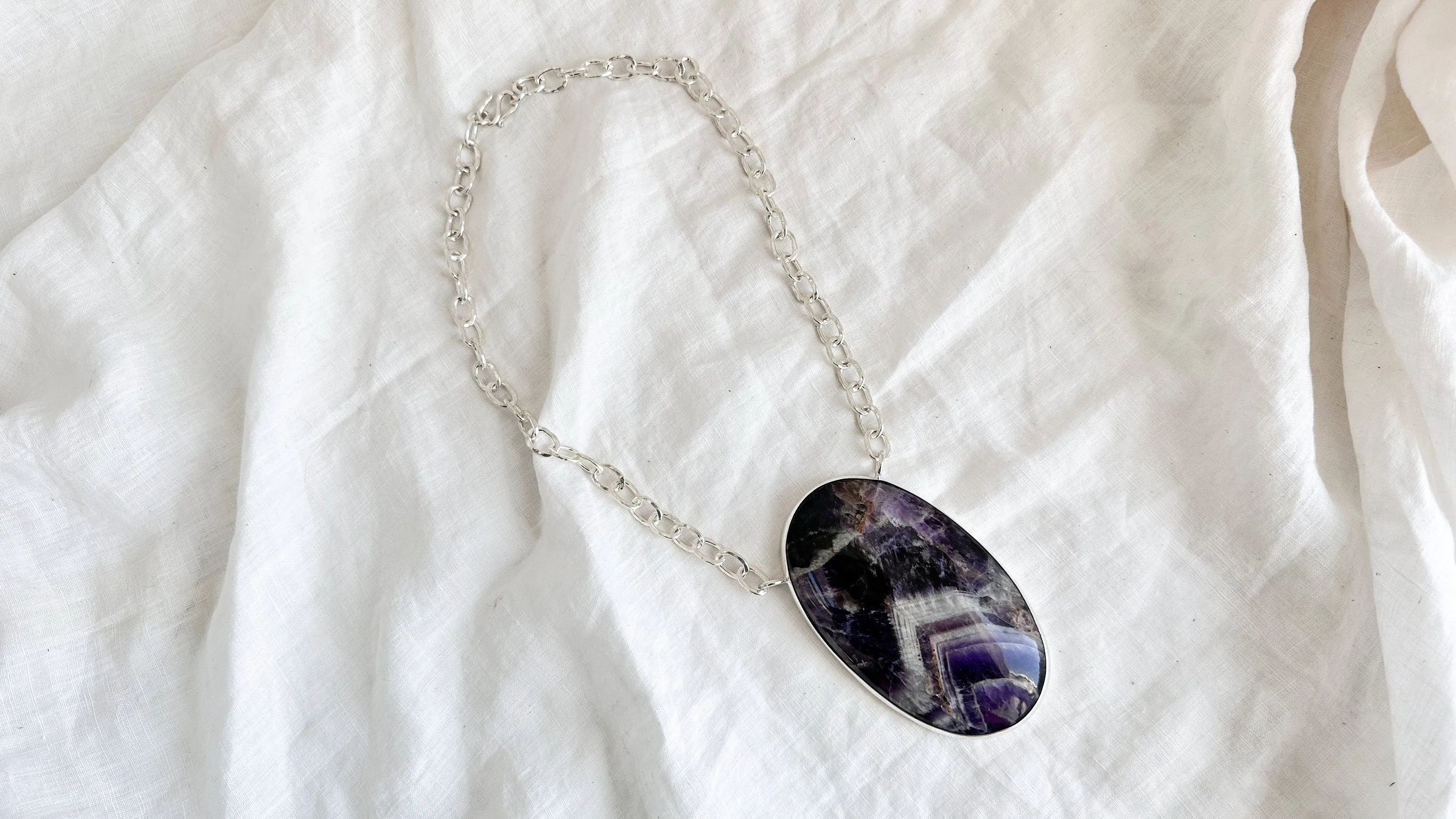 Huge Amethyst Pendant Necklace. Chunky Silver Chain. Sterling Silver. 1343