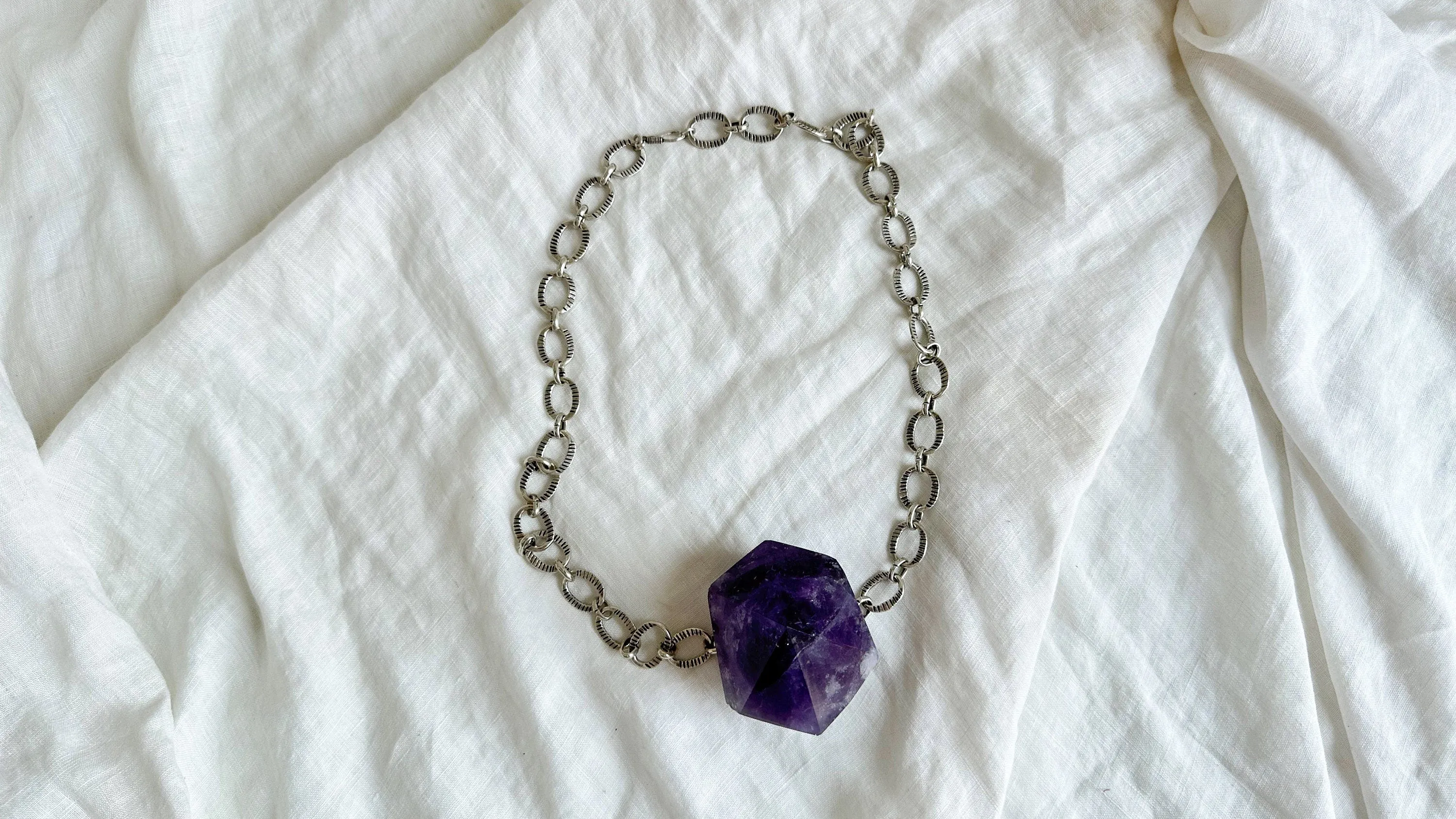 Huge Amethyst Pendant Necklace. Chunky Silver Chain. Sterling Silver. 2070