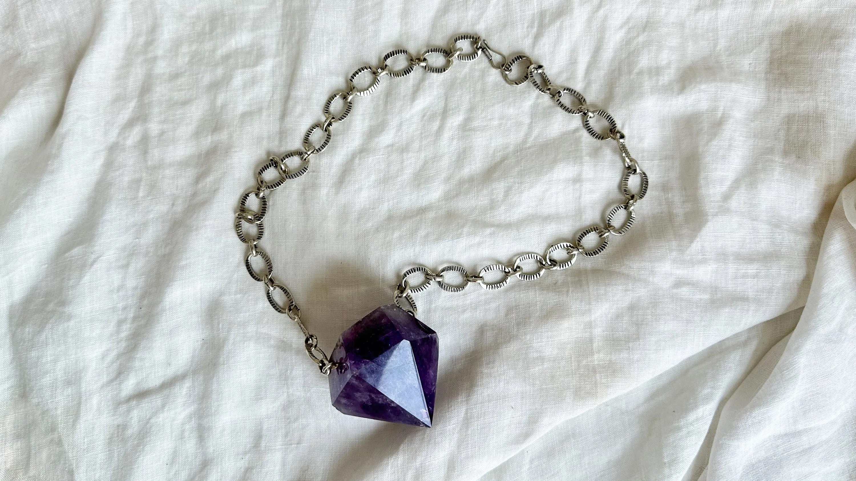 Huge Amethyst Pendant Necklace. Chunky Silver Chain. Sterling Silver. 2070