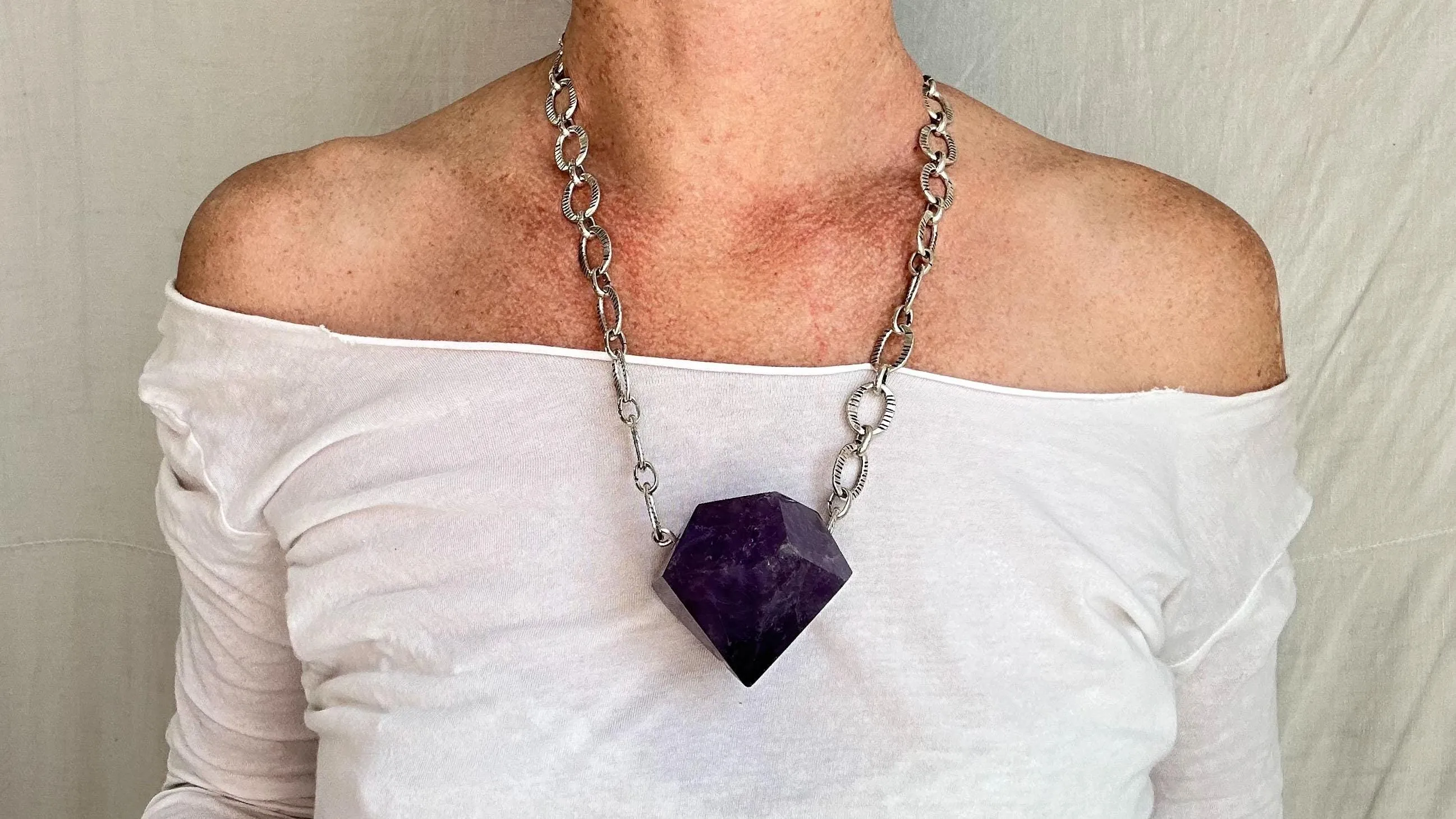 Huge Amethyst Pendant Necklace. Chunky Silver Chain. Sterling Silver. 2227