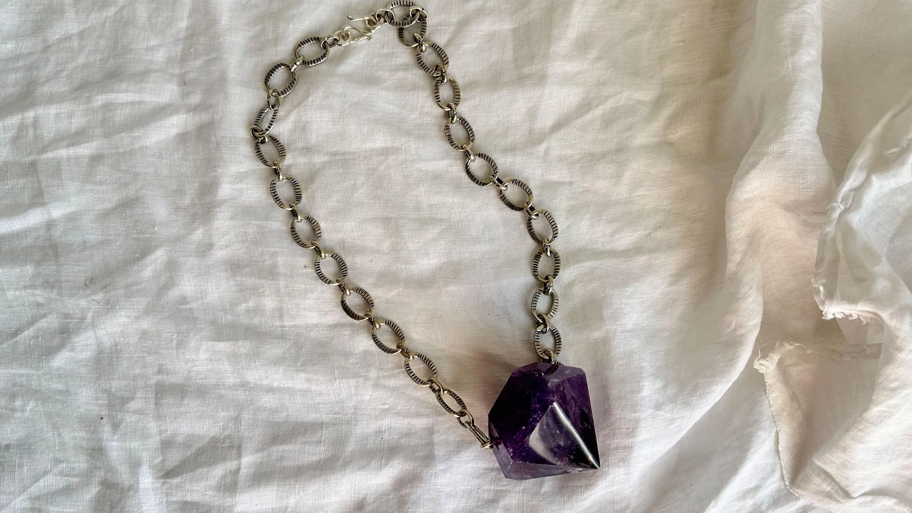 Huge Amethyst Pendant Necklace. Chunky Silver Chain. Sterling Silver. 2227