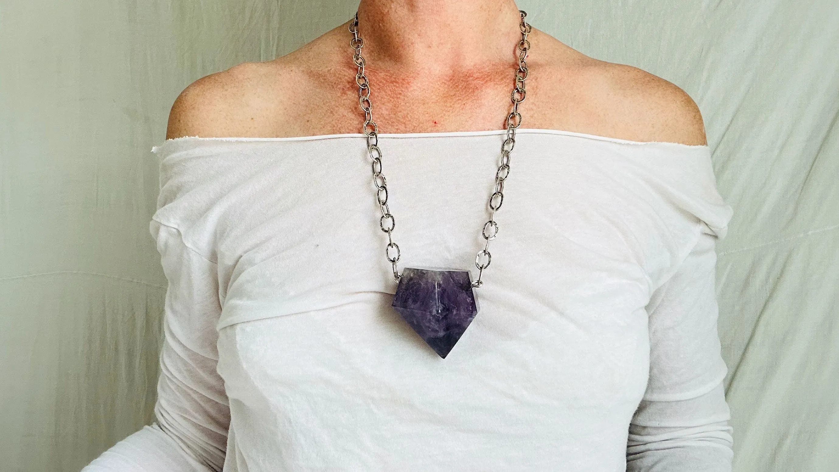 Huge Amethyst Pendant Necklace. Chunky Silver Chain. Sterling Silver. 2504