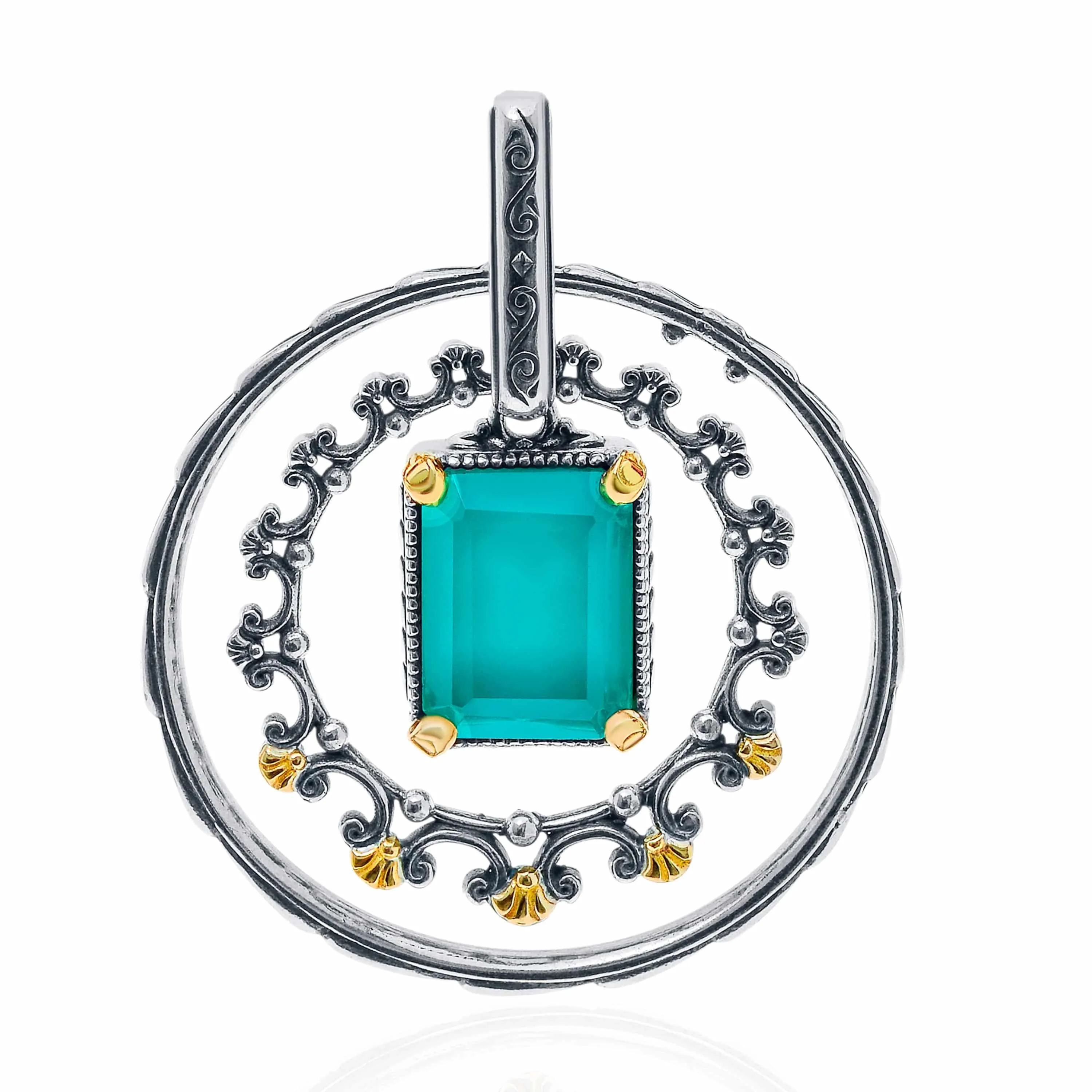 Konstantino Naiads Sterling Silver and 18K Yellow Gold, Teal Chalcedony Double Circle Doublet Pendant