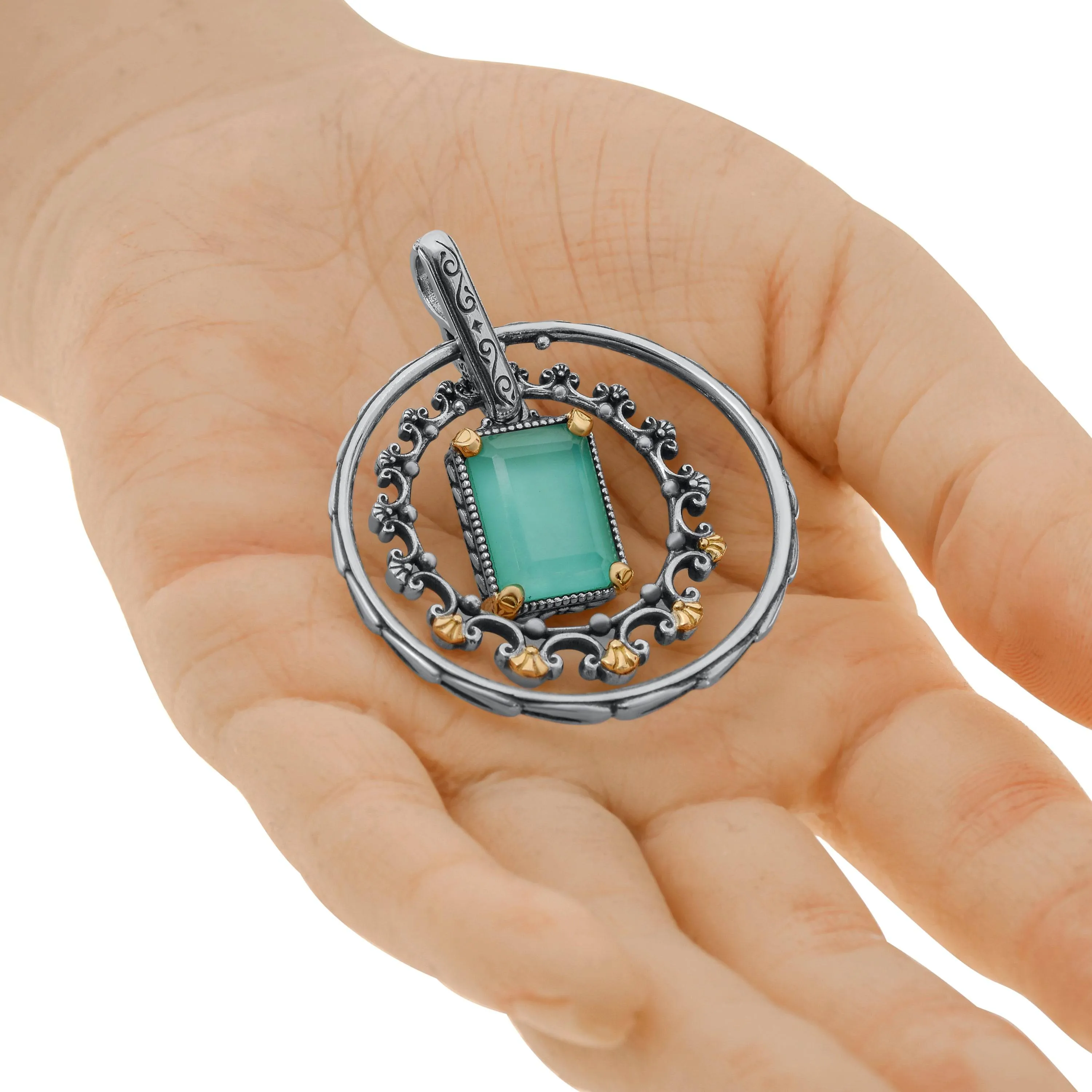 Konstantino Naiads Sterling Silver and 18K Yellow Gold, Teal Chalcedony Double Circle Doublet Pendant