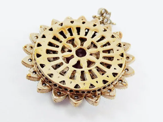 Large Round Flower Shaped Navy Blue & Clear Rhinestone Crystal Pendant - Antique Bronze - 1PC