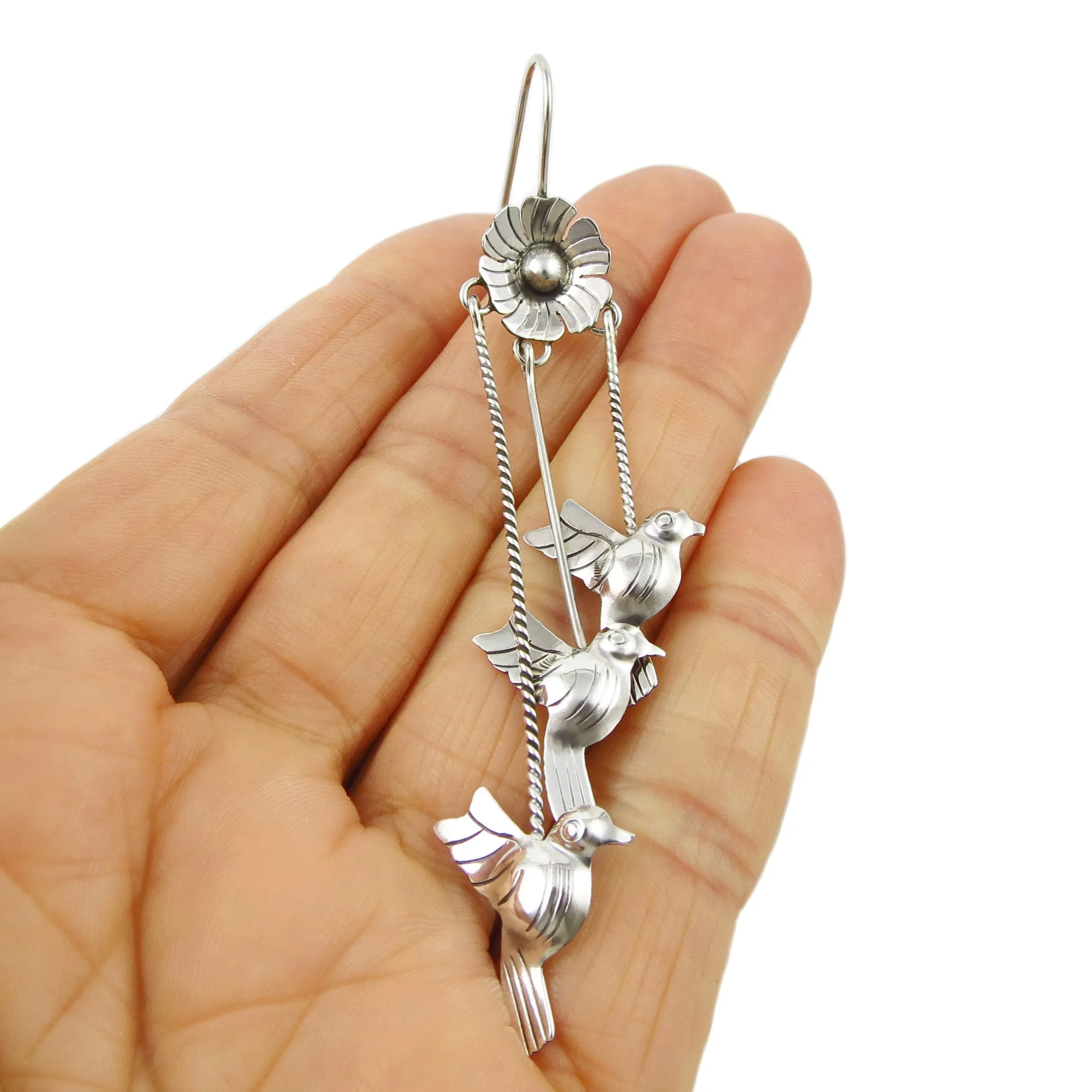 Long Lovebird Dove 925 Sterling Taxco Silver Stick Drop Earrings