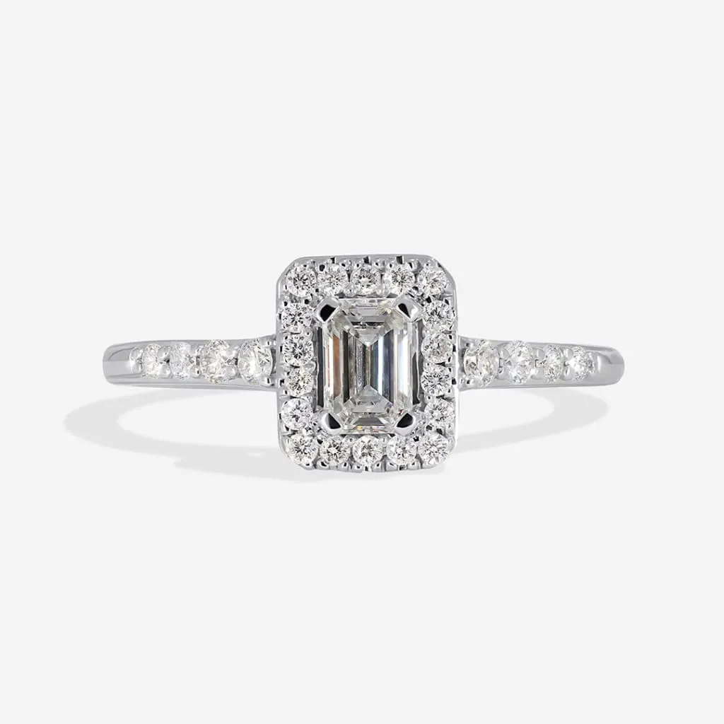 LUNA | Emerald Cut Halo Diamond Set in 18ct White Gold 0.50ct