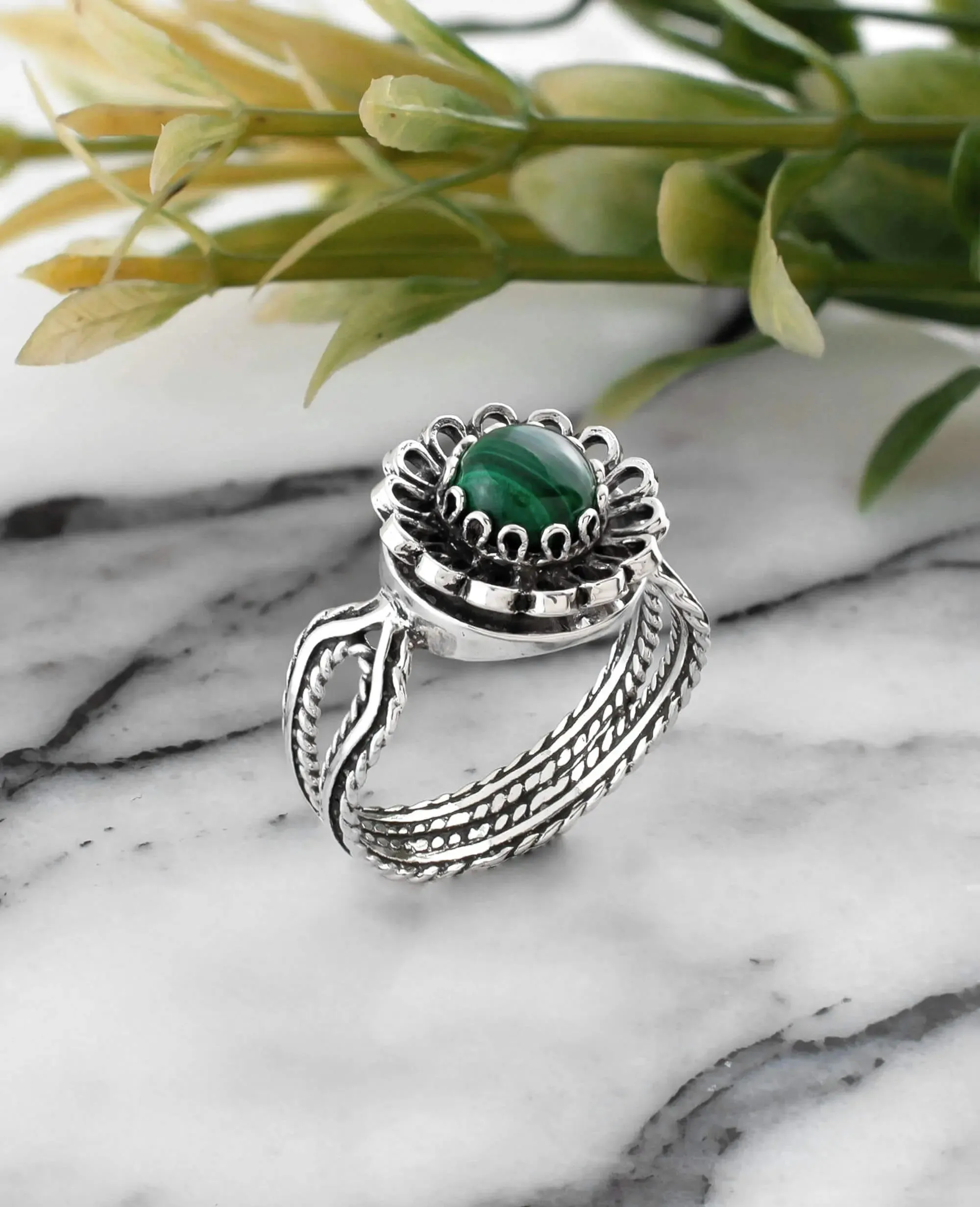 Malachite Gemstone Sterling Silver Women Cocktail Ring