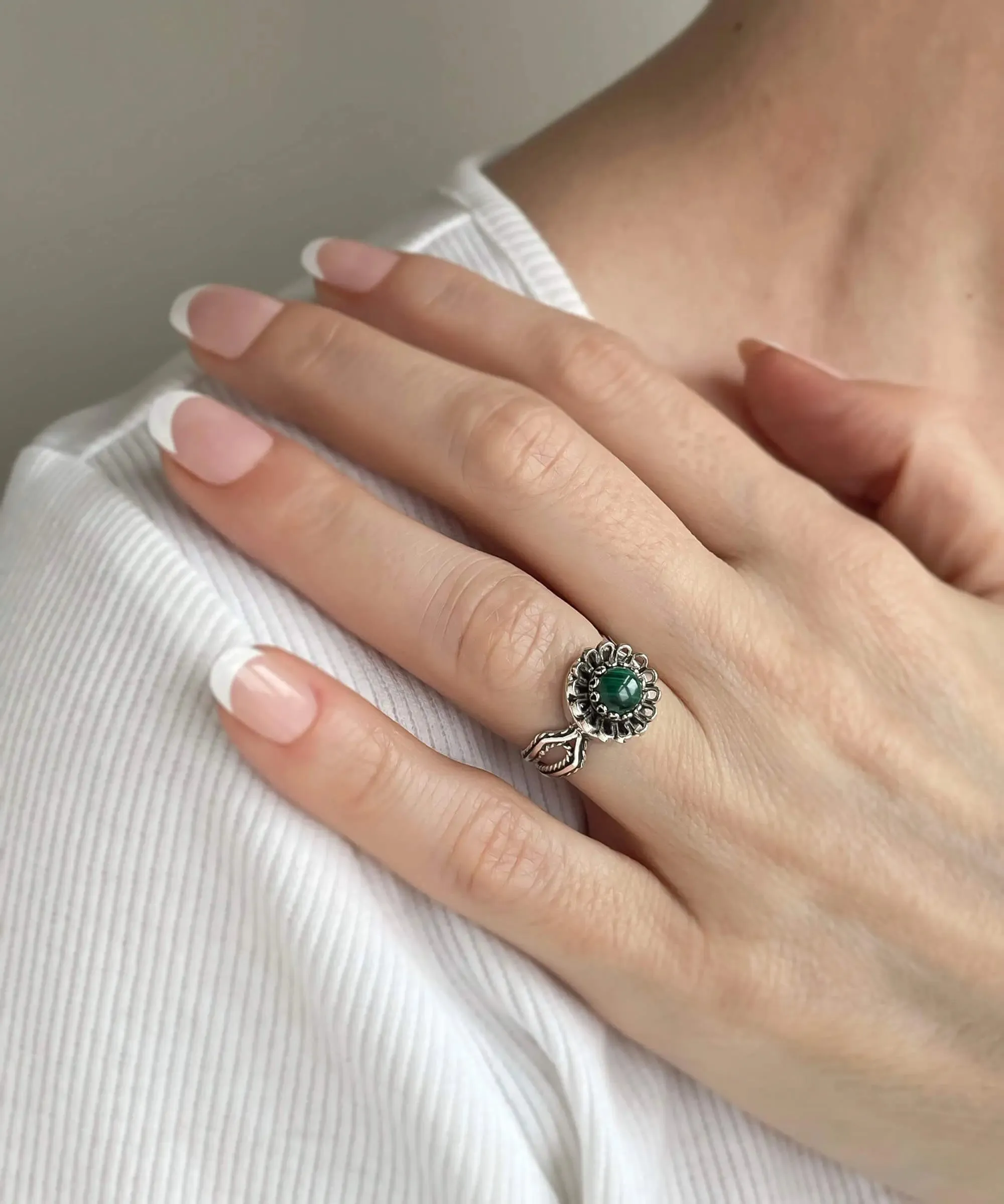 Malachite Gemstone Sterling Silver Women Cocktail Ring