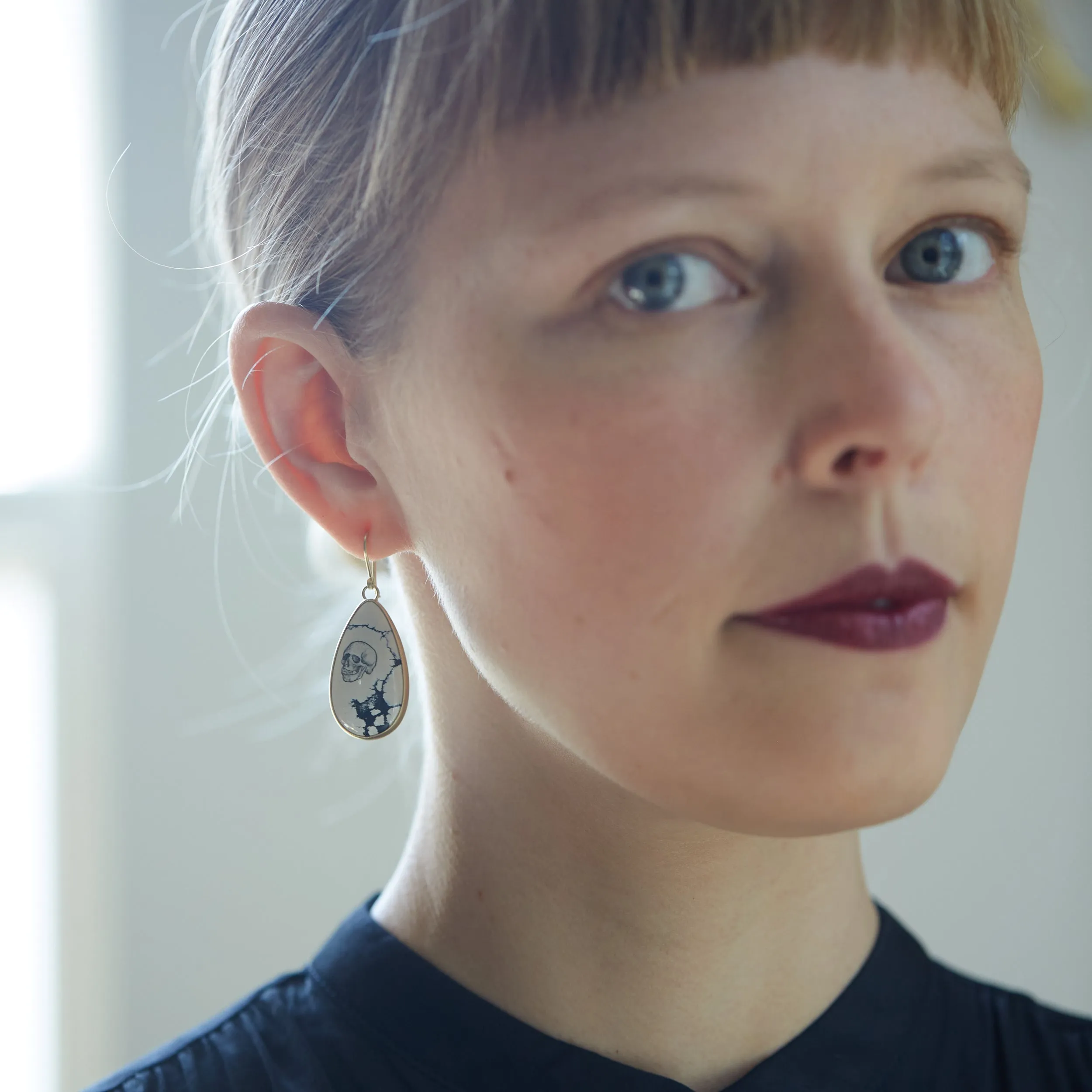 Memento Mori Variscite Scrimshaw Sister Earrings