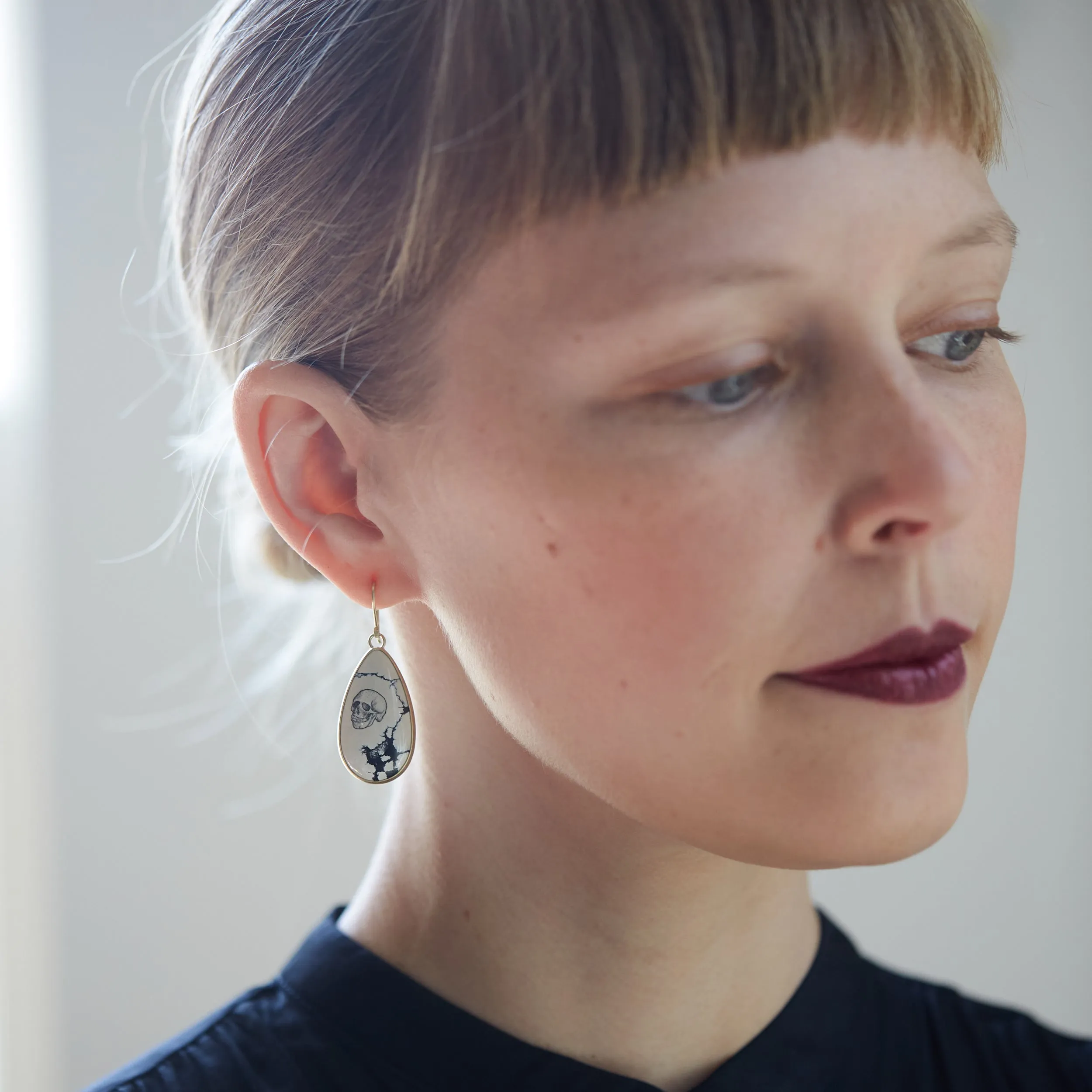 Memento Mori Variscite Scrimshaw Sister Earrings