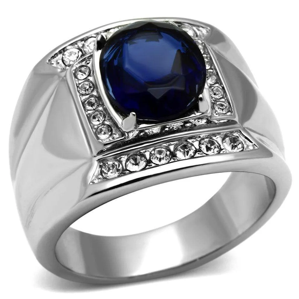 Mens Gorgeous Blue Stainless Steel Synthetic Glass Rings
