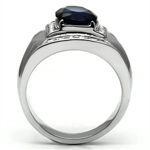 Mens Gorgeous Blue Stainless Steel Synthetic Glass Rings