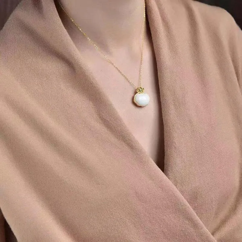 Natural Hetian jade lotus canopy Pendant Necklace