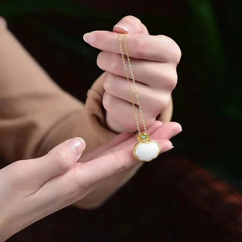 Natural Hetian jade lotus canopy Pendant Necklace