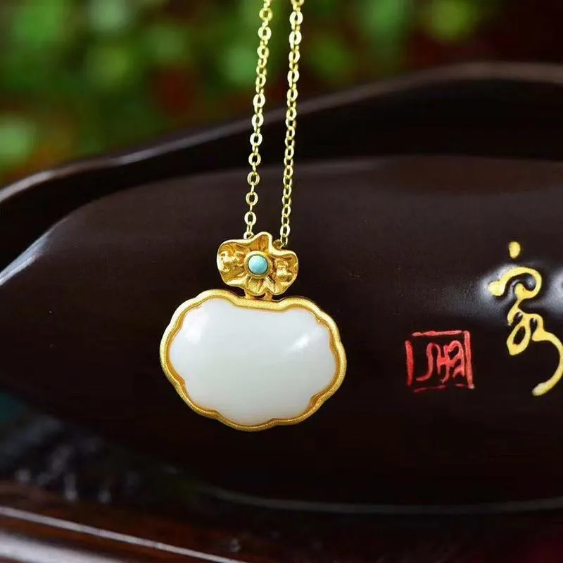 Natural Hetian jade lotus canopy Pendant Necklace