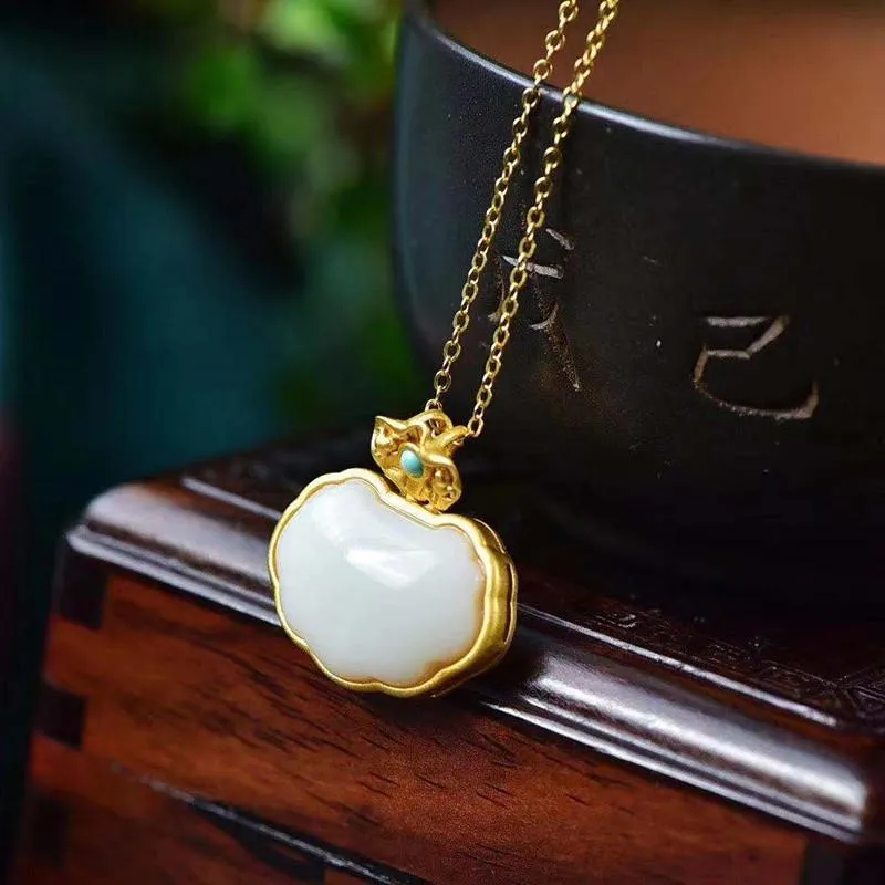 Natural Hetian jade lotus canopy Pendant Necklace