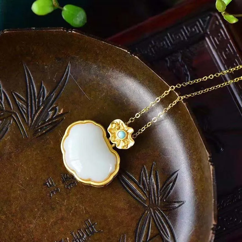 Natural Hetian jade lotus canopy Pendant Necklace