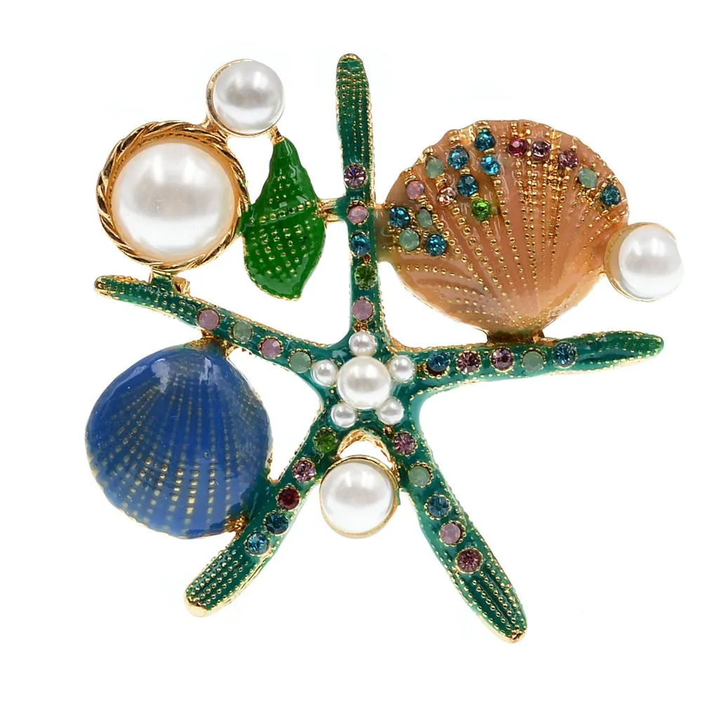 New Arrival Starfish Brooch Jewelry Rhinestone Pearl Elegant Natural Shell Lady Pins