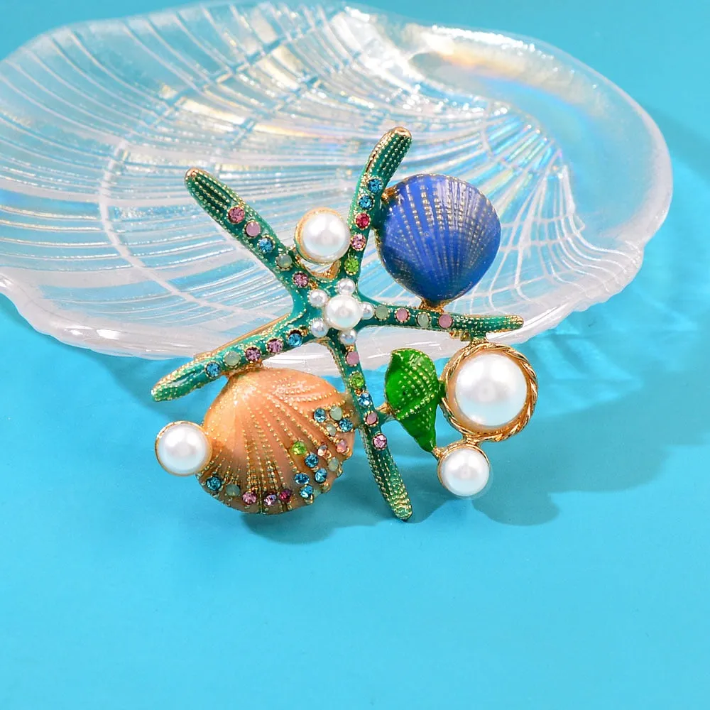 New Arrival Starfish Brooch Jewelry Rhinestone Pearl Elegant Natural Shell Lady Pins