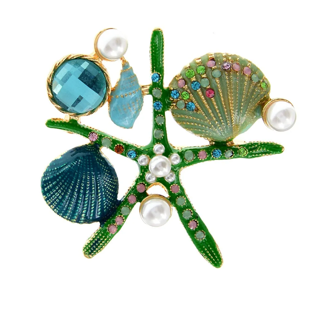 New Arrival Starfish Brooch Jewelry Rhinestone Pearl Elegant Natural Shell Lady Pins