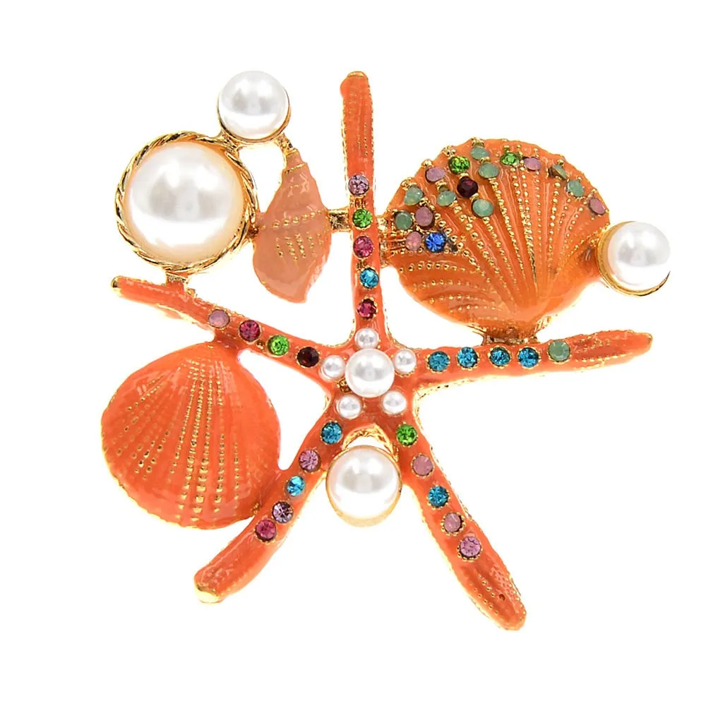 New Arrival Starfish Brooch Jewelry Rhinestone Pearl Elegant Natural Shell Lady Pins