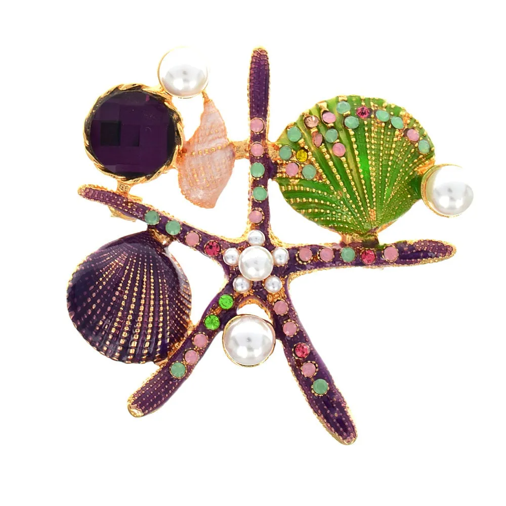 New Arrival Starfish Brooch Jewelry Rhinestone Pearl Elegant Natural Shell Lady Pins