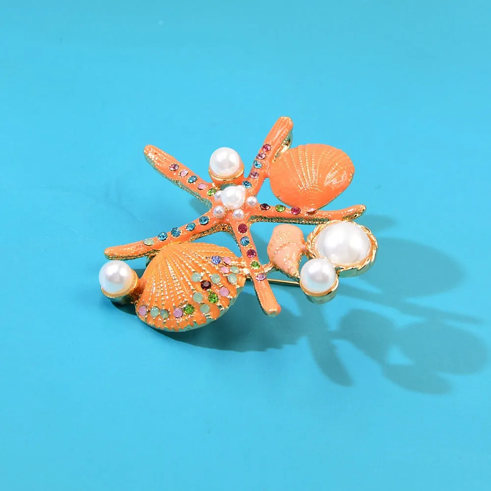 New Arrival Starfish Brooch Jewelry Rhinestone Pearl Elegant Natural Shell Lady Pins