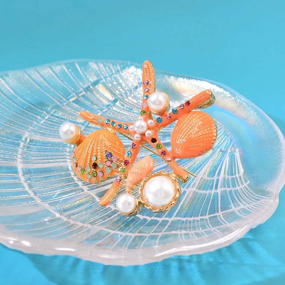 New Arrival Starfish Brooch Jewelry Rhinestone Pearl Elegant Natural Shell Lady Pins