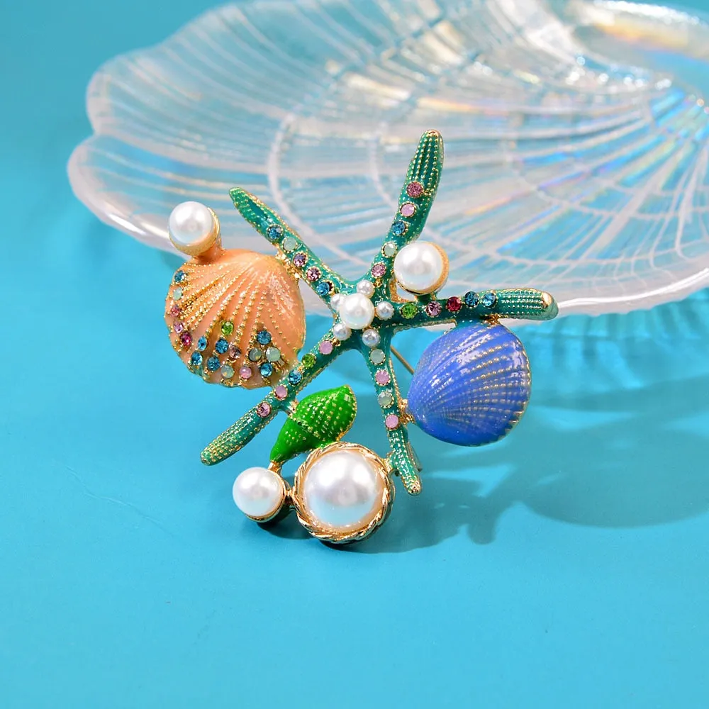New Arrival Starfish Brooch Jewelry Rhinestone Pearl Elegant Natural Shell Lady Pins